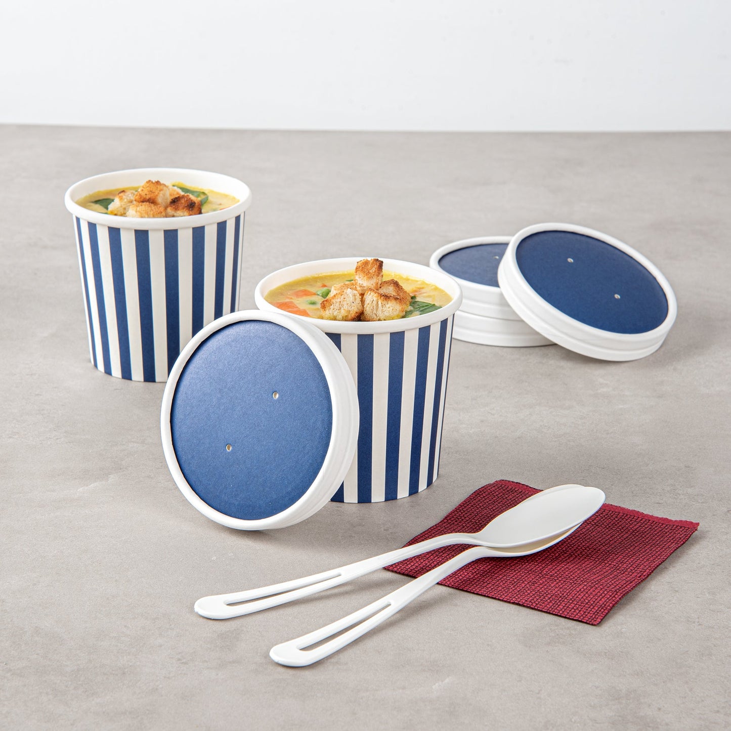 Bio Tek Round Blue and White Stripe Paper Soup Container Lid - Fits 12 oz - 200 count box