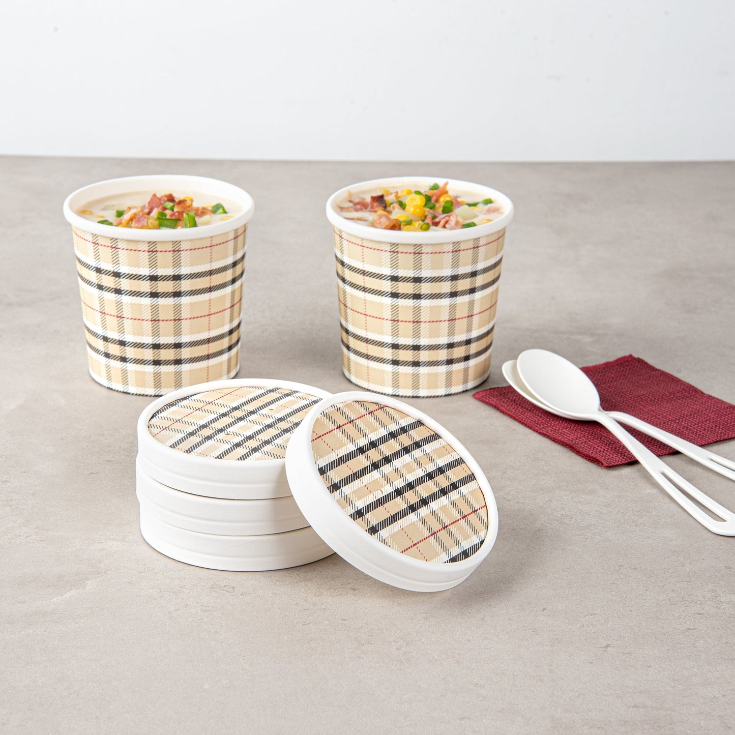 Bio Tek Round Plaid Paper Soup Container Lid - Fits 12 oz - 25 count box