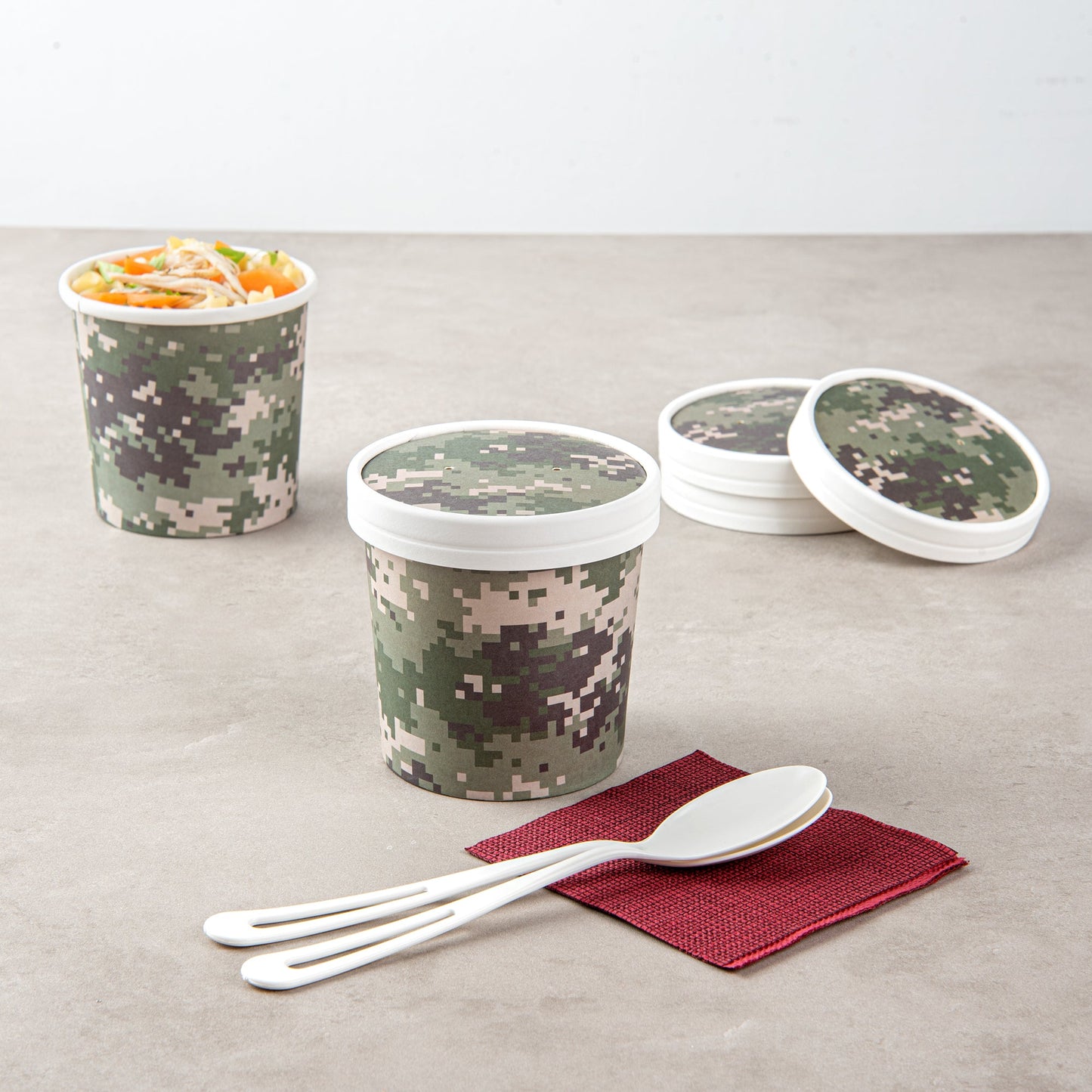 Bio Tek Round Camouflage Paper Soup Container Lid - Fits 12 oz - 200 count box