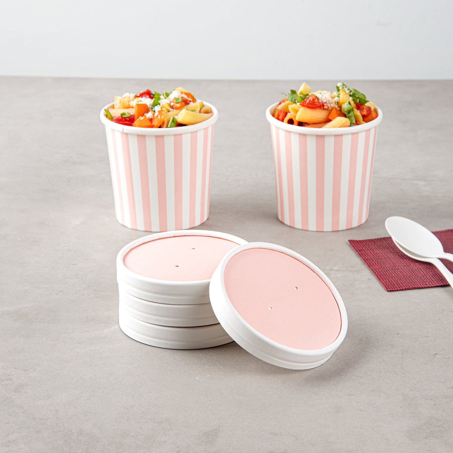 Bio Tek Round Pink and White Stripe Paper Soup Container Lid - Fits 12 oz - 25 count box