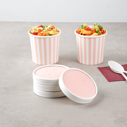 Bio Tek Round Pink and White Stripe Paper Soup Container Lid - Fits 12 oz - 25 count box