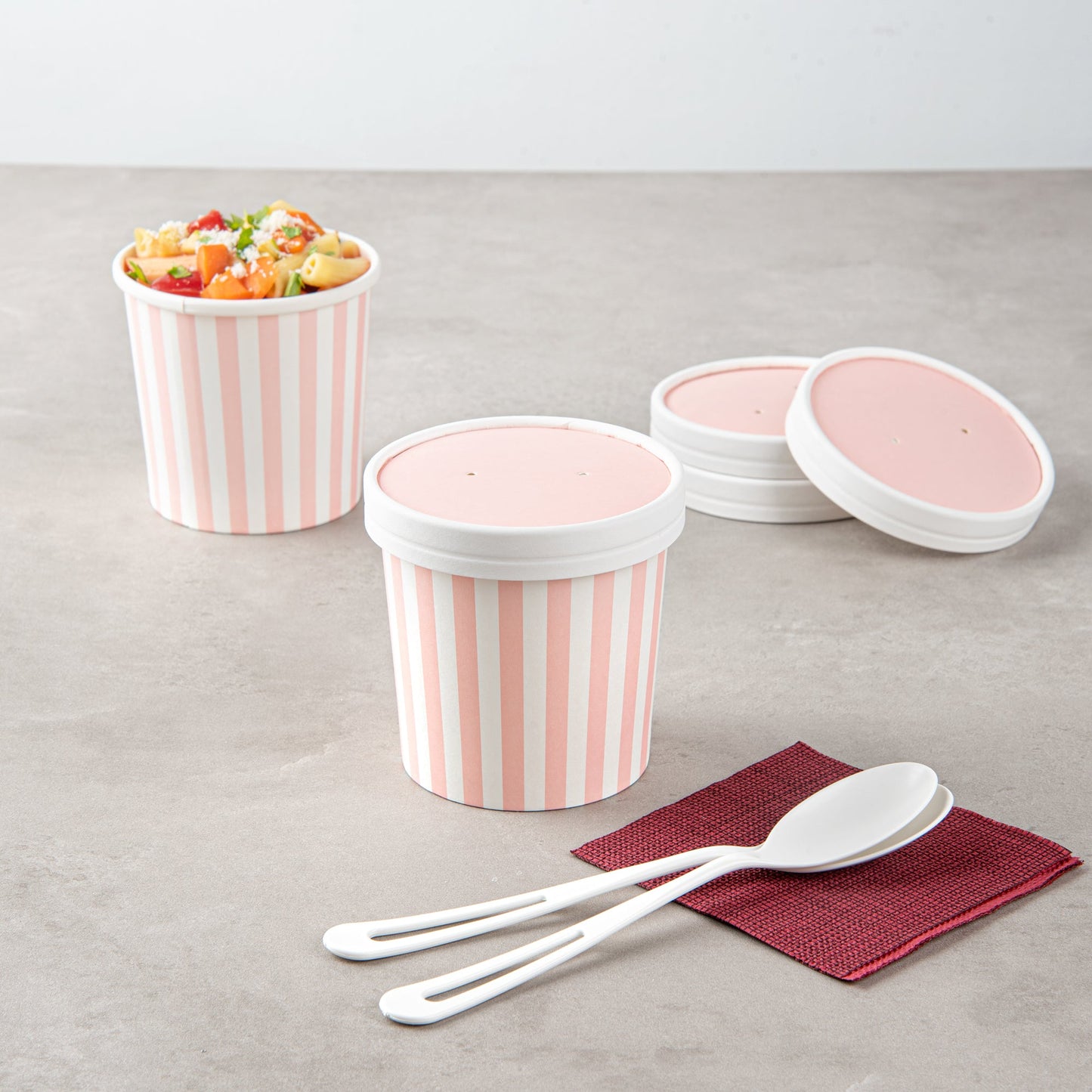 Bio Tek Round Pink and White Stripe Paper Soup Container Lid - Fits 12 oz - 25 count box