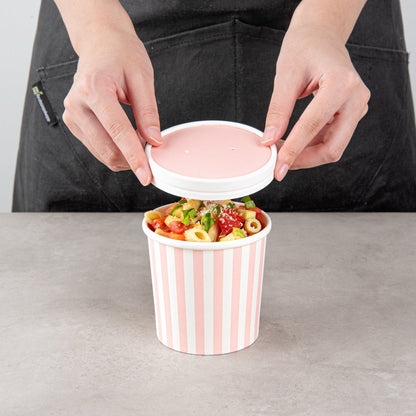 Bio Tek Round Pink and White Stripe Paper Soup Container Lid - Fits 12 oz - 25 count box