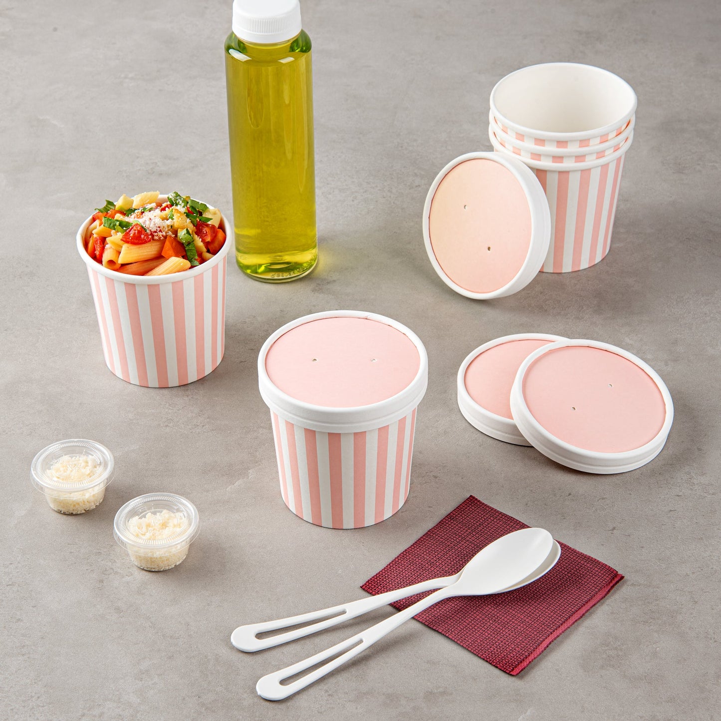 Bio Tek Round Pink and White Stripe Paper Soup Container Lid - Fits 12 oz - 25 count box