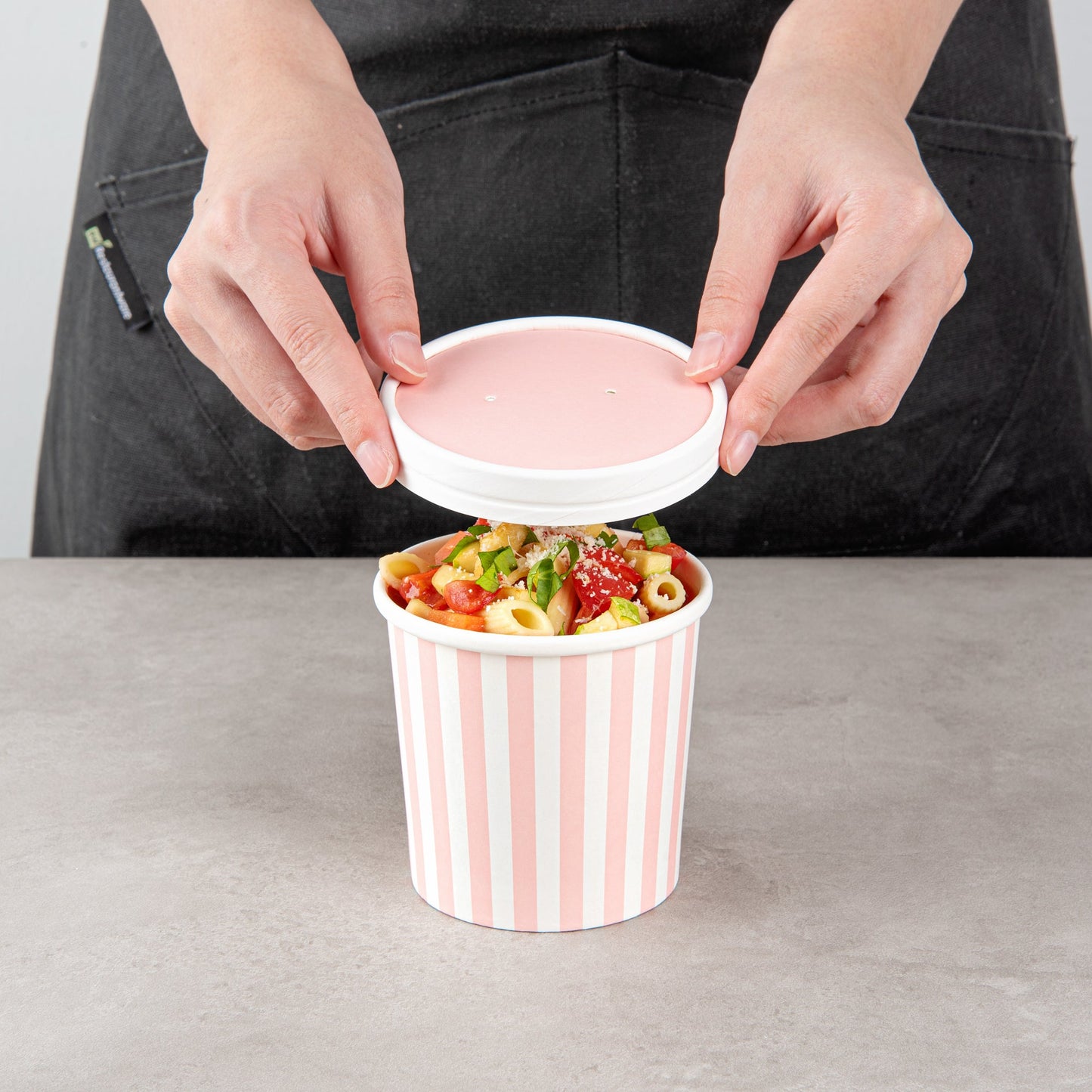 Bio Tek Round Pink and White Stripe Paper Soup Container Lid - Fits 12 oz - 200 count box
