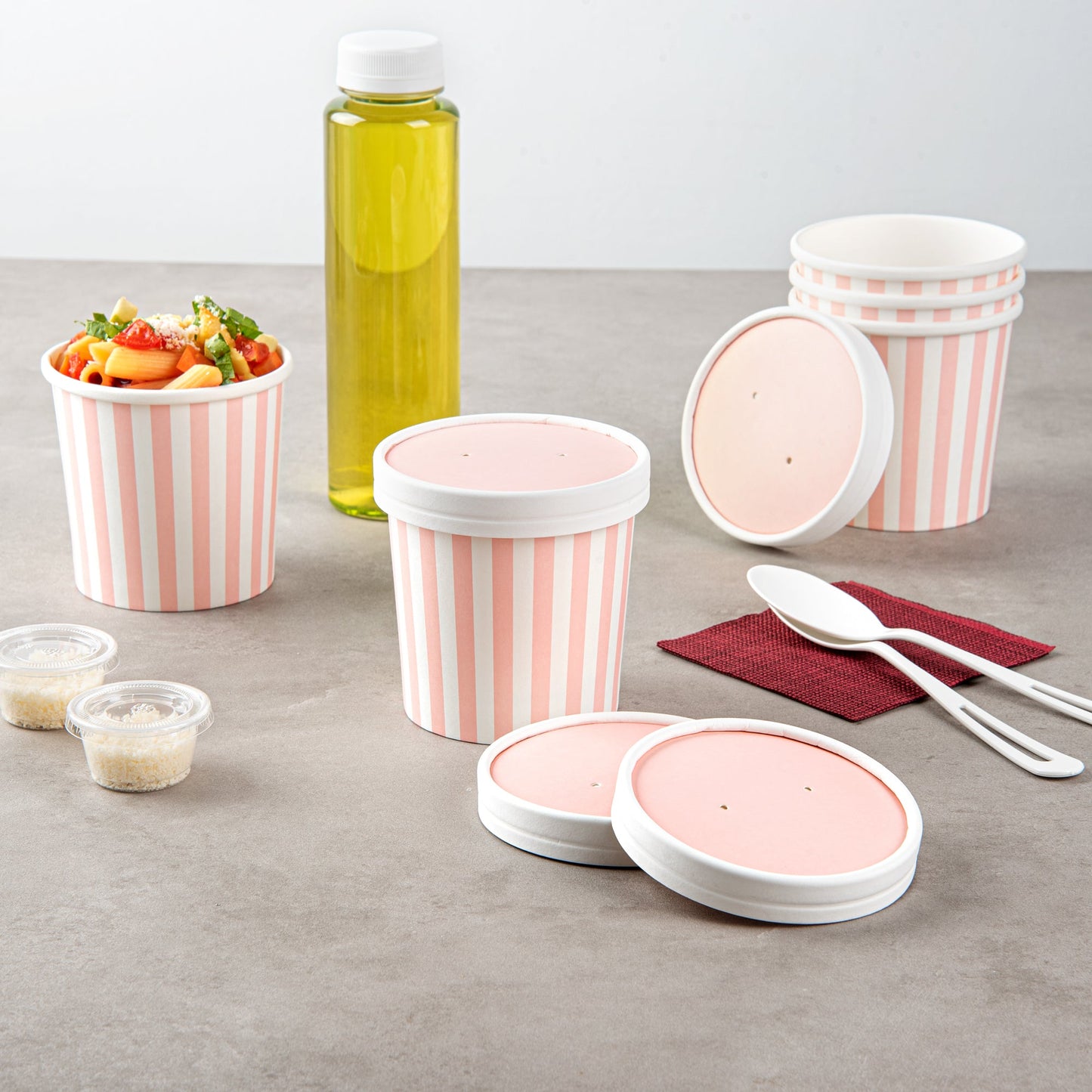 Bio Tek Round Pink and White Stripe Paper Soup Container Lid - Fits 12 oz - 200 count box