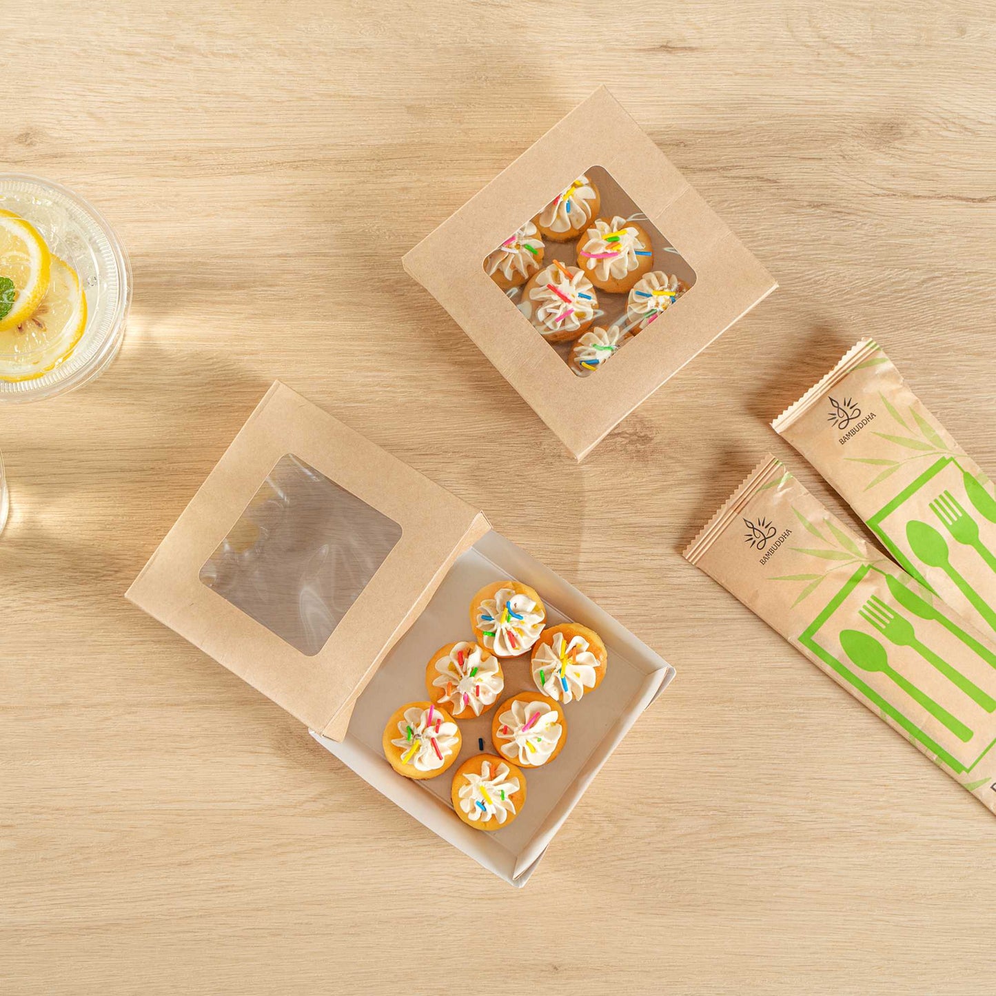 Cafe Vision 13 oz Square Kraft Paper Small Take Out Container - 4 1/2" x 4 1/2" x 1 1/2" - 25 count box