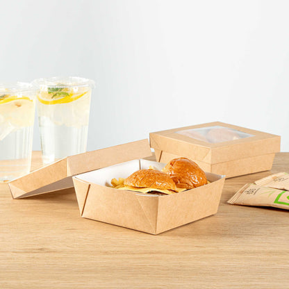 Cafe Vision 27 oz Square Kraft Paper Medium Take Out Container - 5 1/4" x 5 1/4" x 2" - 200 count box