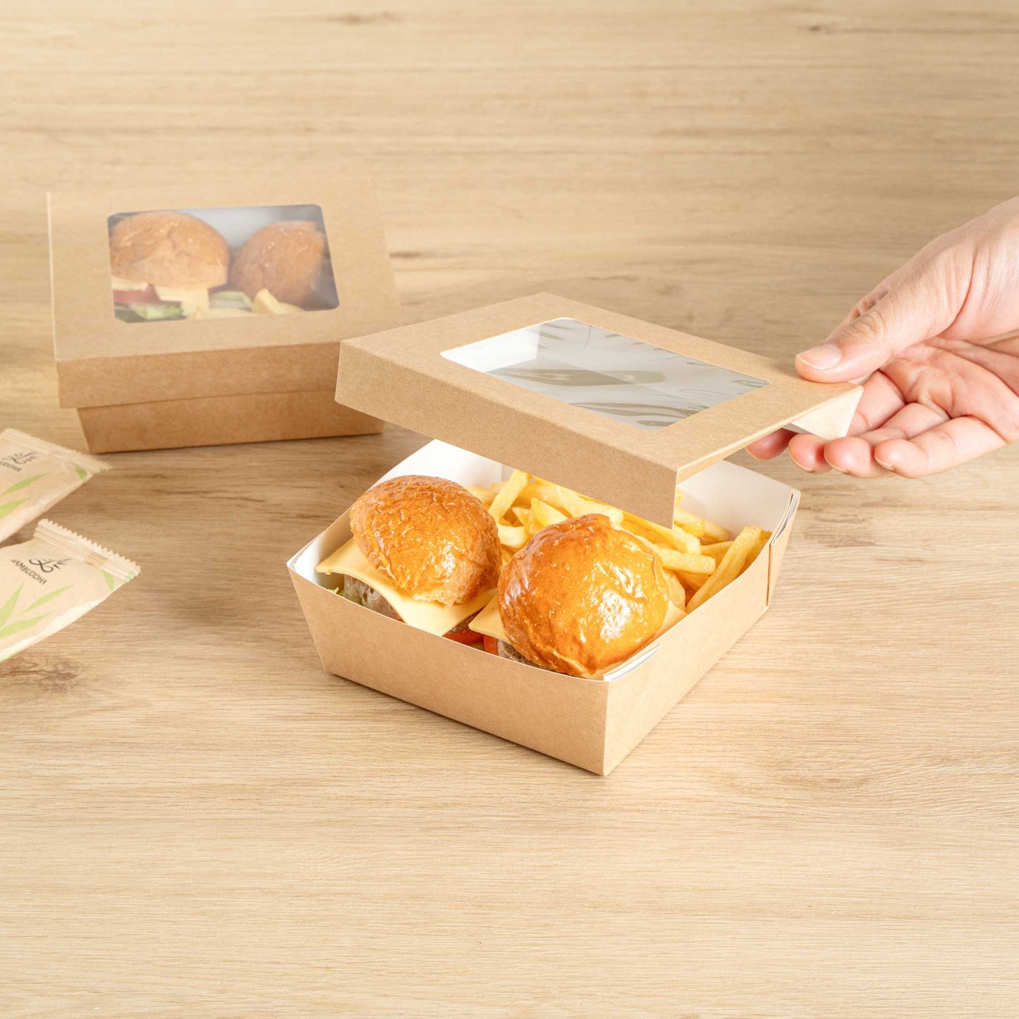 Cafe Vision 27 oz Square Kraft Paper Medium Take Out Container - 5 1/4" x 5 1/4" x 2" - 200 count box