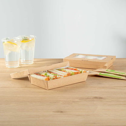 Cafe Vision 34 oz Rectangle Kraft Paper Large Take Out Container - 8 1/2" x 5 1/4" x 1 1/2" - 25 count box