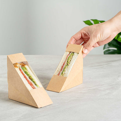 Cafe Vision Triangle Kraft Paper Small Sandwich Box - 4 3/4" x 4 3/4" x 2" - 25 count box