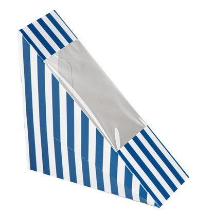 Cafe Vision Triangle Blue and White Stripe Paper Small Sandwich Box - 4 3/4" x 4 3/4" x 2" - 25 count box