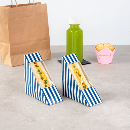 Cafe Vision Triangle Blue and White Stripe Paper Small Sandwich Box - 4 3/4" x 4 3/4" x 2" - 25 count box