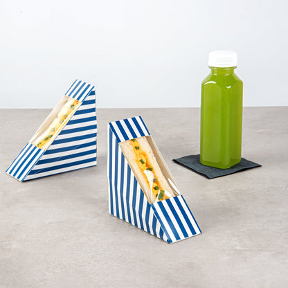 Cafe Vision Triangle Blue and White Stripe Paper Small Sandwich Box - 4 3/4" x 4 3/4" x 2" - 25 count box