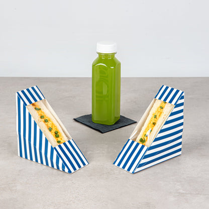 Cafe Vision Triangle Blue and White Stripe Paper Small Sandwich Box - 4 3/4" x 4 3/4" x 2" - 25 count box