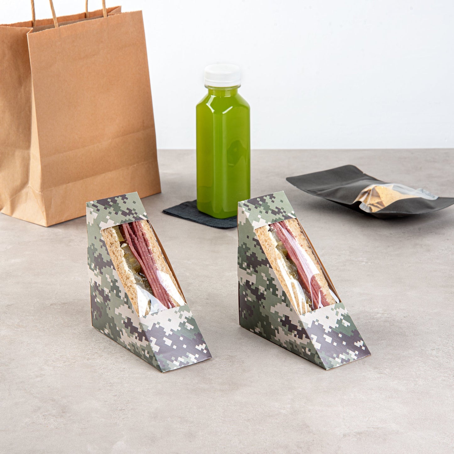 Cafe Vision Triangle Camouflage Paper Small Sandwich Box - 4 3/4" x 4 3/4" x 2" - 25 count box