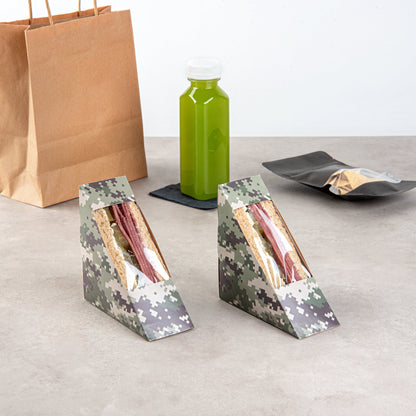 Cafe Vision Triangle Camouflage Paper Small Sandwich Box - 4 3/4" x 4 3/4" x 2" - 25 count box