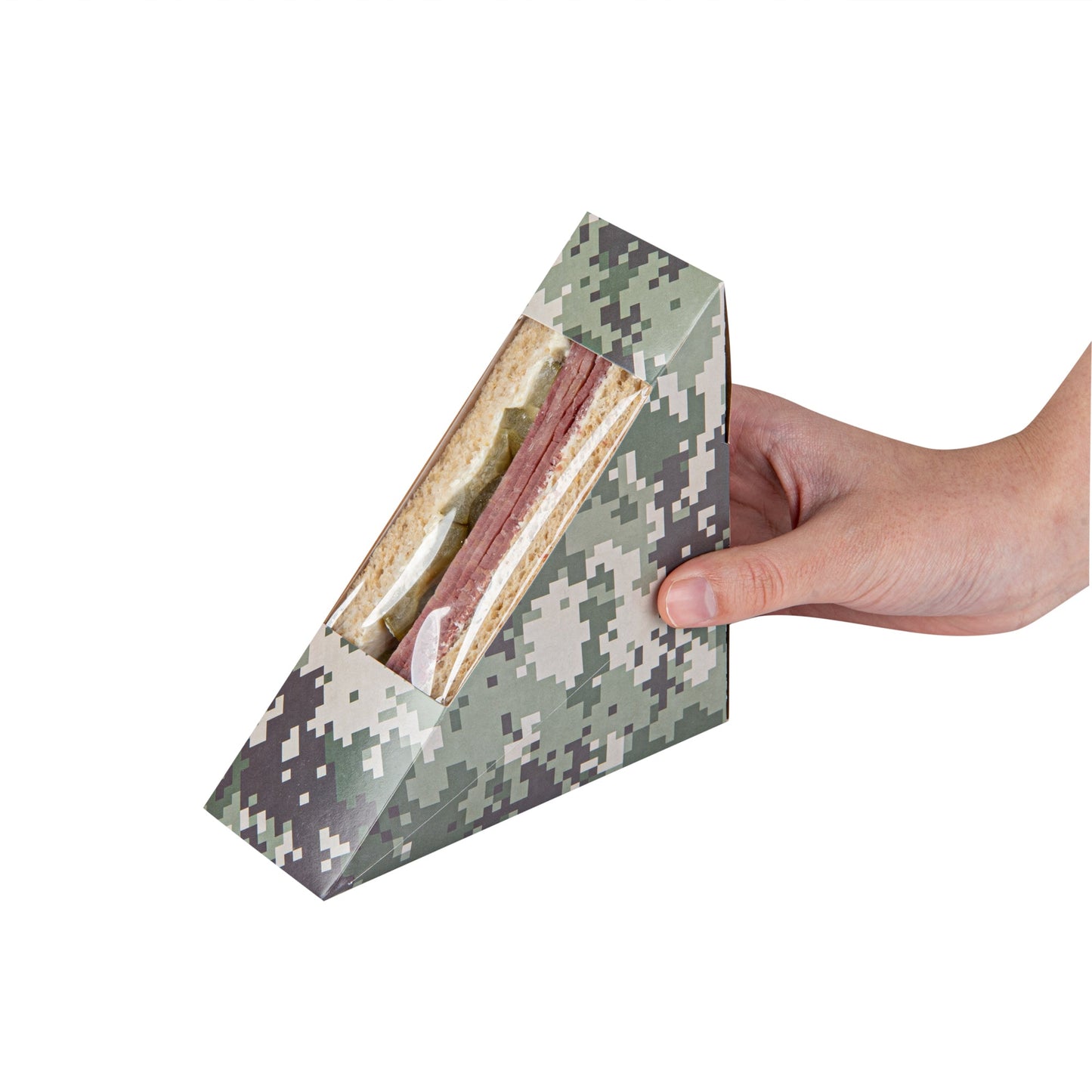 Cafe Vision Triangle Camouflage Paper Small Sandwich Box - 4 3/4" x 4 3/4" x 2" - 25 count box