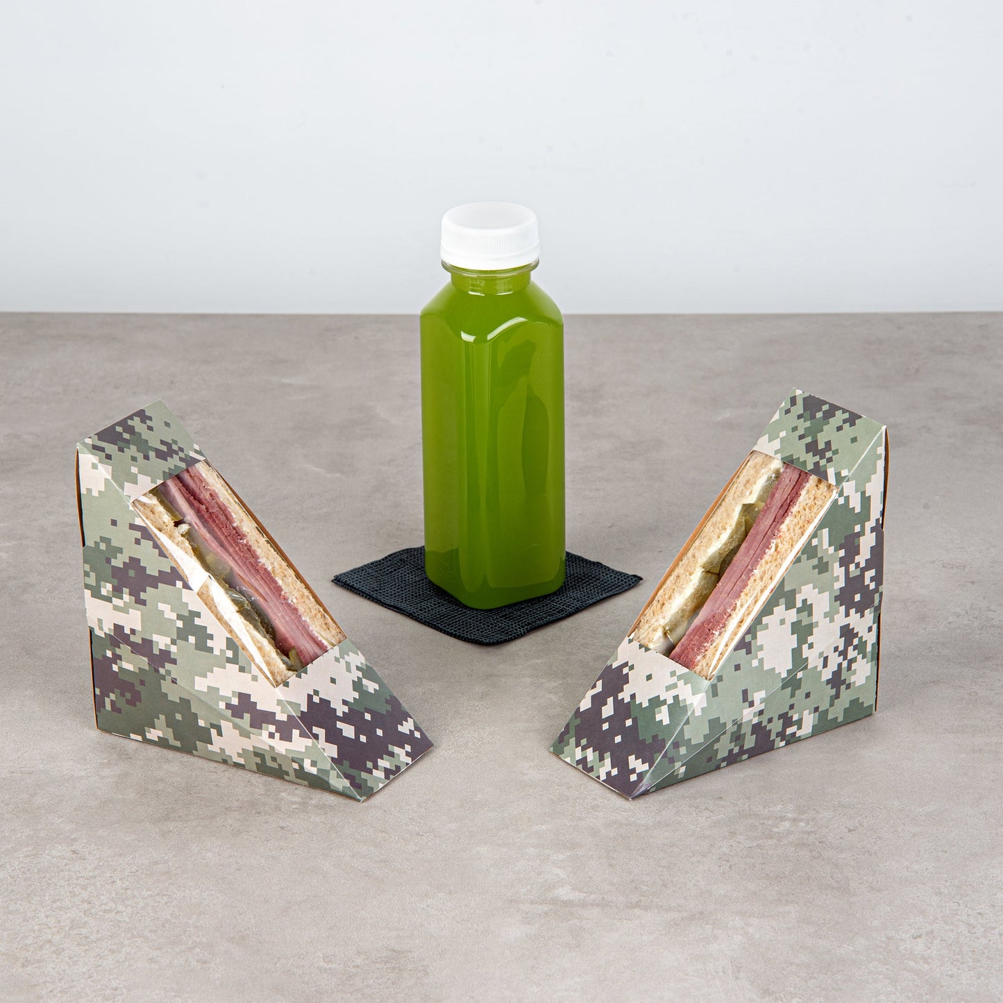 Cafe Vision Triangle Camouflage Paper Small Sandwich Box - 4 3/4" x 4 3/4" x 2" - 25 count box