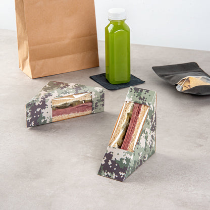 Cafe Vision Triangle Camouflage Paper Small Sandwich Box - 4 3/4" x 4 3/4" x 2" - 25 count box
