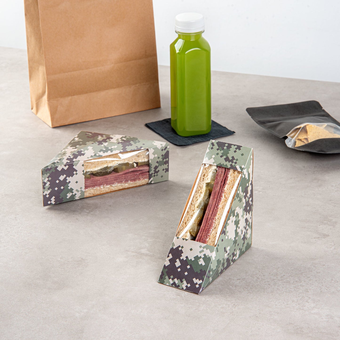Cafe Vision Triangle Camouflage Paper Small Sandwich Box - 4 3/4" x 4 3/4" x 2" - 200 count box