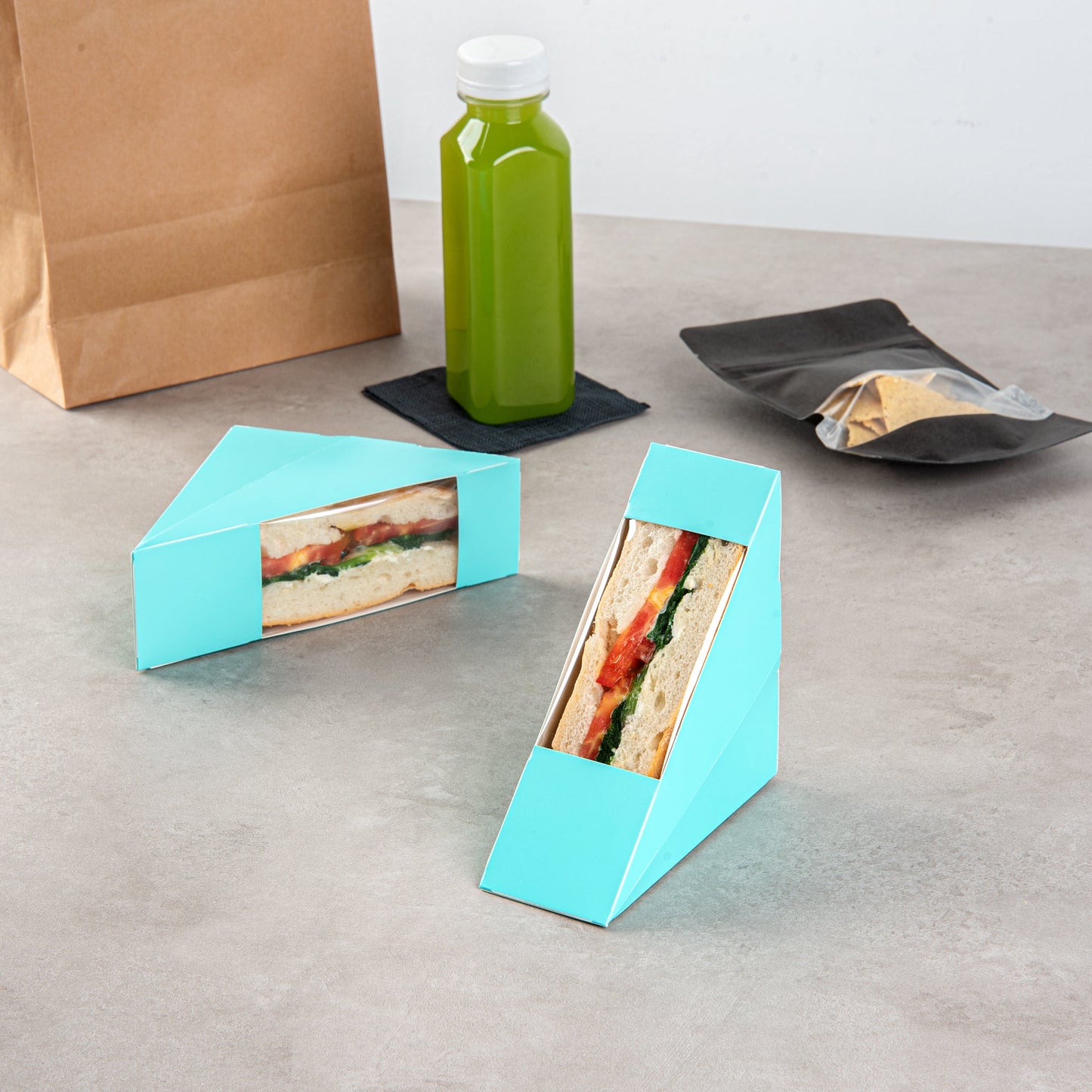 Cafe Vision Triangle Turquoise Paper Small Sandwich Box - 4 3/4" x 4 3/4" x 2" - 25 count box