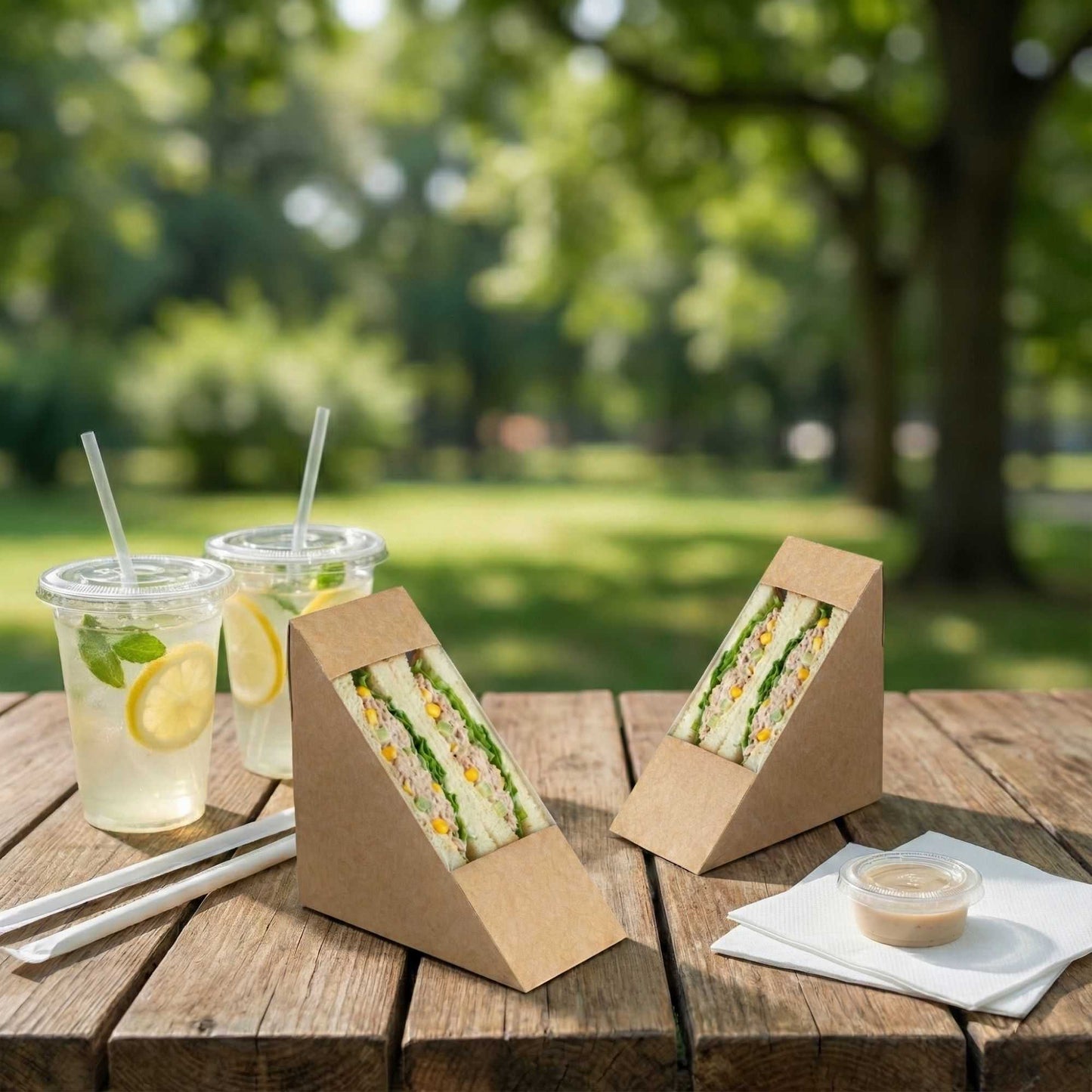 Cafe Vision Triangle Kraft Paper Medium Sandwich Box - 4 3/4" x 4 3/4" x 2 3/4" - 25 count box