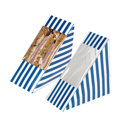 Cafe Vision Triangle Blue and White Stripe Paper Medium Sandwich Box - 4 3/4" x 4 3/4" x 2 3/4" - 25 count box