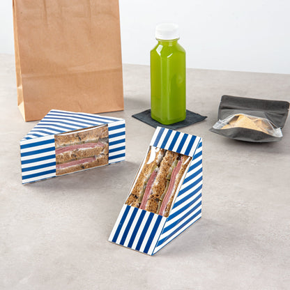 Cafe Vision Triangle Blue and White Stripe Paper Medium Sandwich Box - 4 3/4" x 4 3/4" x 2 3/4" - 25 count box