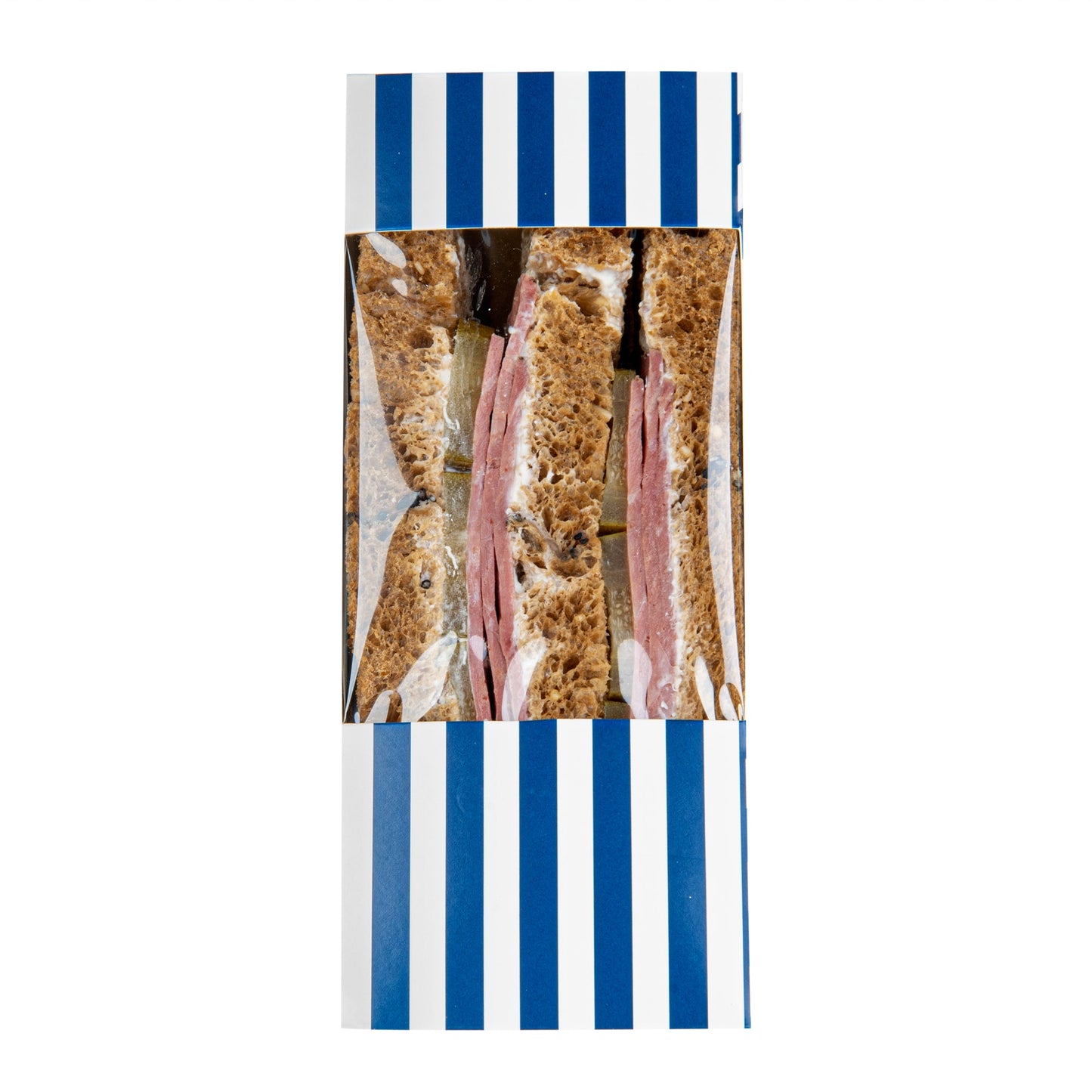 Cafe Vision Triangle Blue and White Stripe Paper Medium Sandwich Box - 4 3/4" x 4 3/4" x 2 3/4" - 25 count box