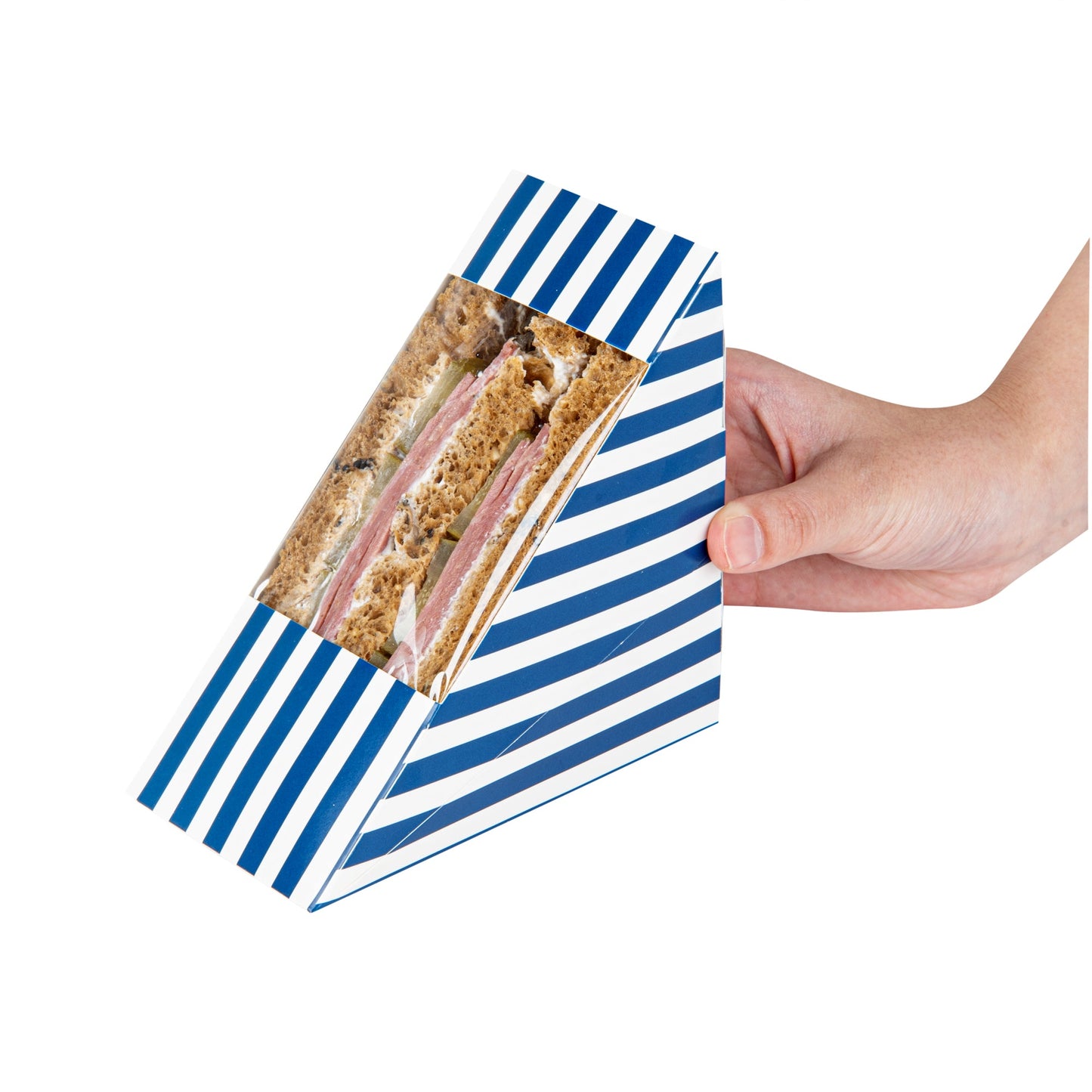 Cafe Vision Triangle Blue and White Stripe Paper Medium Sandwich Box - 4 3/4" x 4 3/4" x 2 3/4" - 25 count box