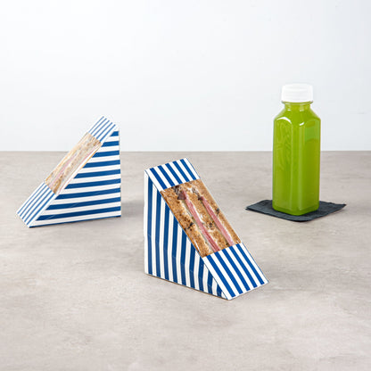 Cafe Vision Triangle Blue and White Stripe Paper Medium Sandwich Box - 4 3/4" x 4 3/4" x 2 3/4" - 200 count box
