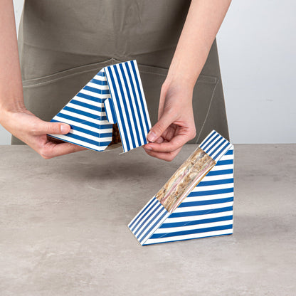 Cafe Vision Triangle Blue and White Stripe Paper Medium Sandwich Box - 4 3/4" x 4 3/4" x 2 3/4" - 200 count box