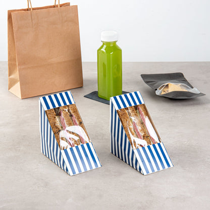 Cafe Vision Triangle Blue and White Stripe Paper Medium Sandwich Box - 4 3/4" x 4 3/4" x 2 3/4" - 200 count box