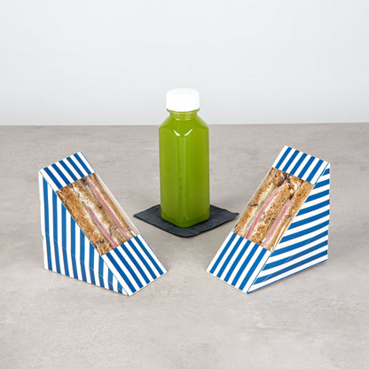 Cafe Vision Triangle Blue and White Stripe Paper Medium Sandwich Box - 4 3/4" x 4 3/4" x 2 3/4" - 200 count box