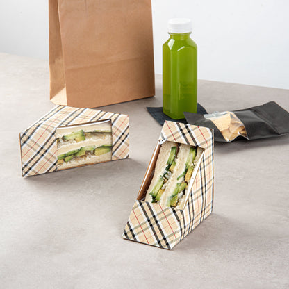 Cafe Vision Triangle Plaid Paper Medium Sandwich Box - 4 3/4" x 4 3/4" x 2 3/4" - 25 count box