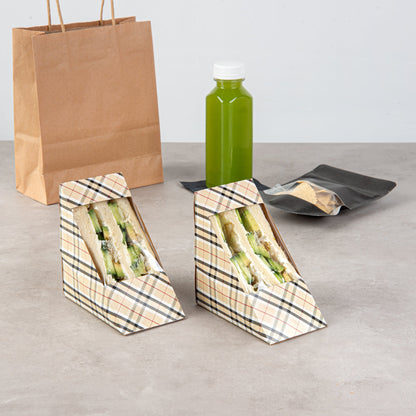 Cafe Vision Triangle Plaid Paper Medium Sandwich Box - 4 3/4" x 4 3/4" x 2 3/4" - 200 count box