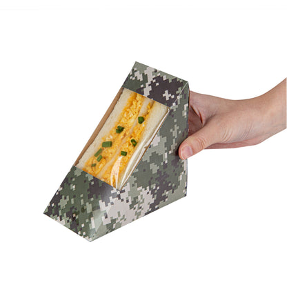 Cafe Vision Triangle Camouflage Paper Medium Sandwich Box - 4 3/4" x 4 3/4" x 2 3/4" - 25 count box