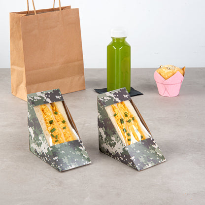 Cafe Vision Triangle Camouflage Paper Medium Sandwich Box - 4 3/4" x 4 3/4" x 2 3/4" - 200 count box