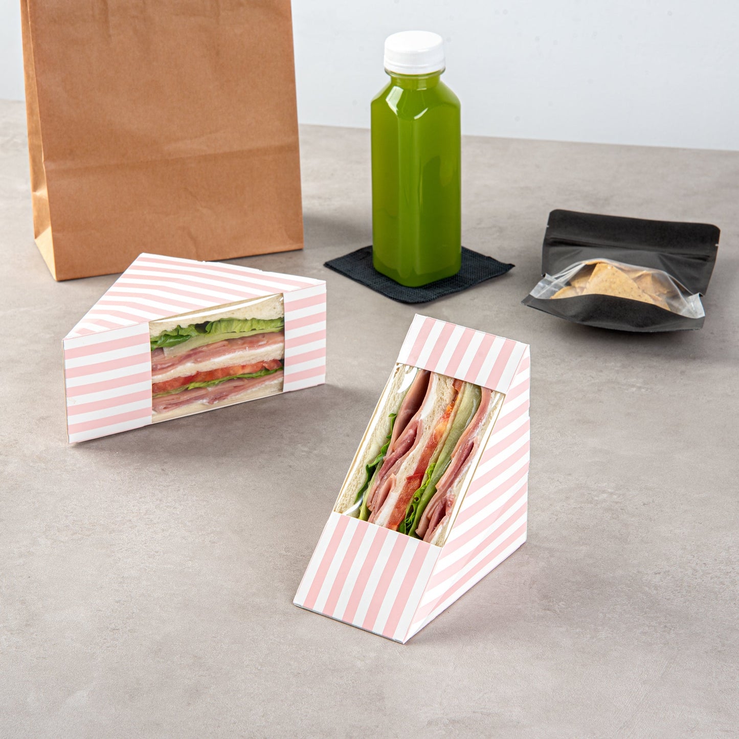 Cafe Vision Triangle Pink and White Stripe Paper Medium Sandwich Box - 4 3/4" x 4 3/4" x 2 3/4" - 25 count box
