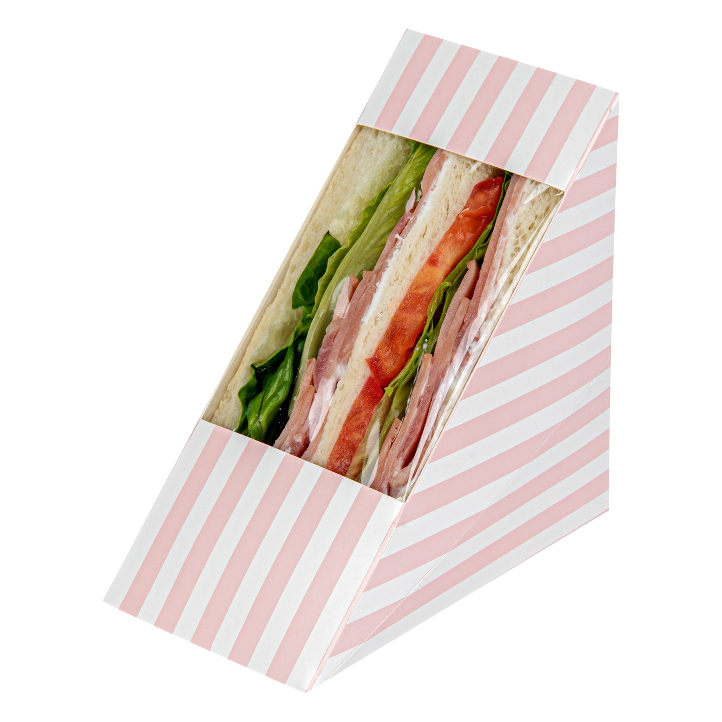 Cafe Vision Triangle Pink and White Stripe Paper Medium Sandwich Box - 4 3/4" x 4 3/4" x 2 3/4" - 200 count box