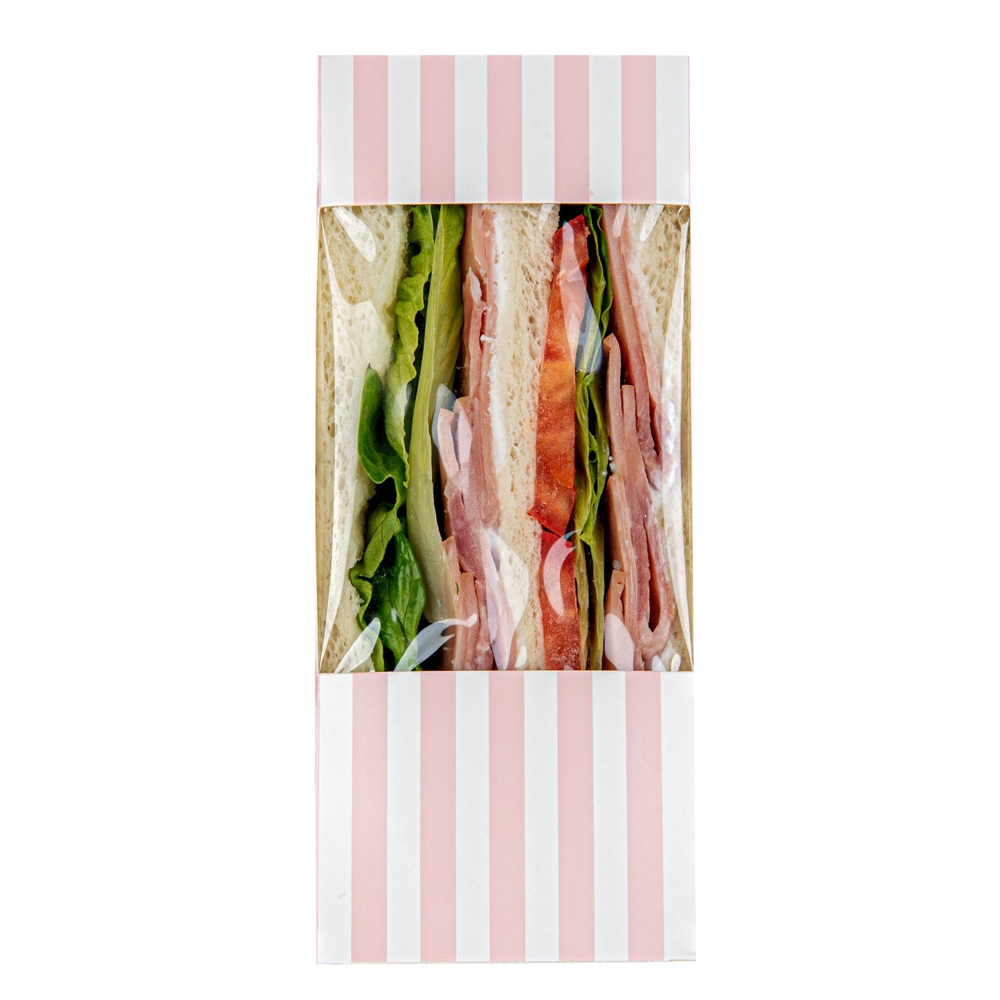 Cafe Vision Triangle Pink and White Stripe Paper Medium Sandwich Box - 4 3/4" x 4 3/4" x 2 3/4" - 200 count box