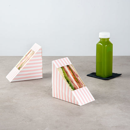 Cafe Vision Triangle Pink and White Stripe Paper Medium Sandwich Box - 4 3/4" x 4 3/4" x 2 3/4" - 200 count box
