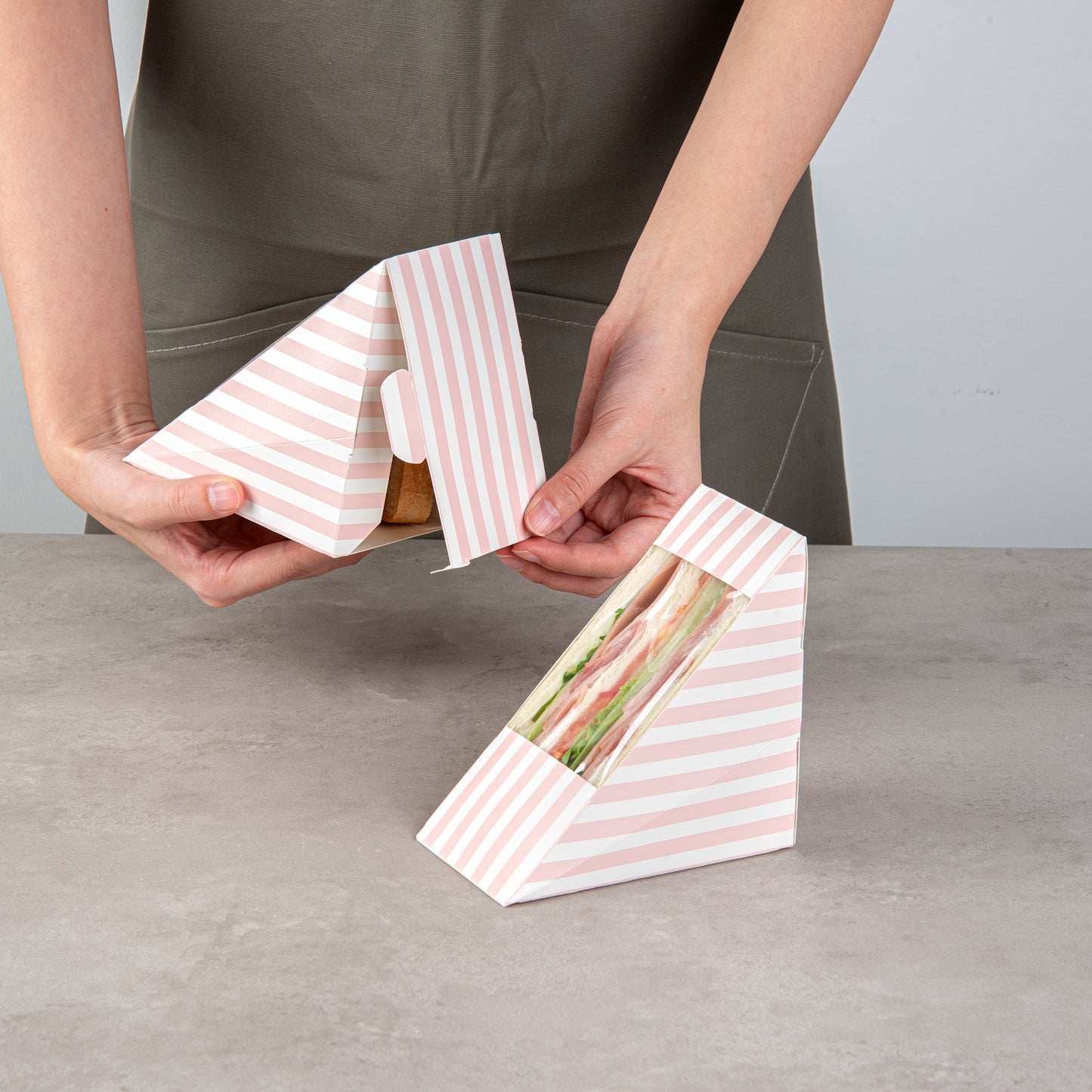 Cafe Vision Triangle Pink and White Stripe Paper Medium Sandwich Box - 4 3/4" x 4 3/4" x 2 3/4" - 200 count box