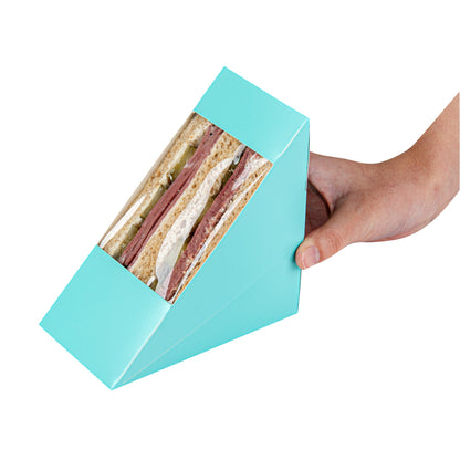 Cafe Vision Triangle Turquoise Paper Medium Sandwich Box - 4 3/4" x 4 3/4" x 2 3/4" - 25 count box