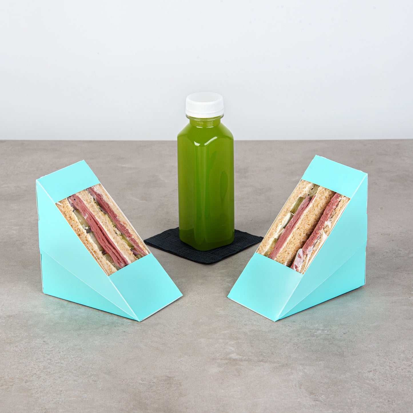 Cafe Vision Triangle Turquoise Paper Medium Sandwich Box - 4 3/4" x 4 3/4" x 2 3/4" - 25 count box
