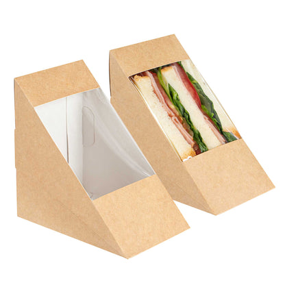 Cafe Vision Triangle Kraft Paper Large Sandwich Box - 4 3/4" x 4 3/4" x 3 1/4" - 25 count box