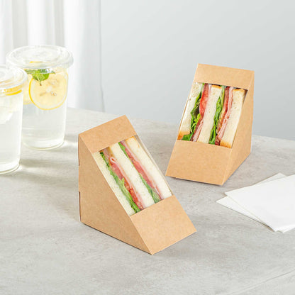 Cafe Vision Triangle Kraft Paper Large Sandwich Box - 4 3/4" x 4 3/4" x 3 1/4" - 25 count box