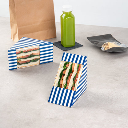 Cafe Vision Triangle Blue and White Stripe Paper Large Sandwich Box - 4 3/4" x 4 3/4" x 3 1/4" - 25 count box