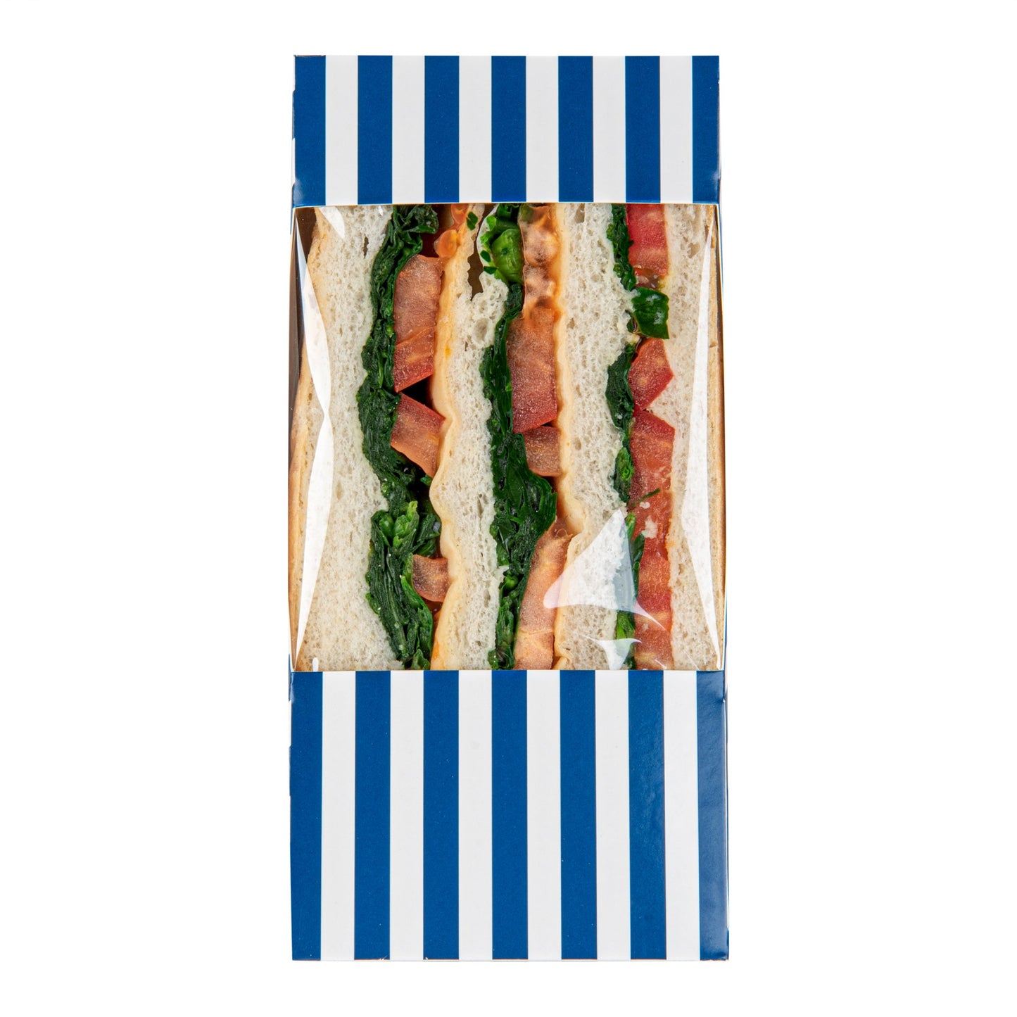 Cafe Vision Triangle Blue and White Stripe Paper Large Sandwich Box - 4 3/4" x 4 3/4" x 3 1/4" - 25 count box